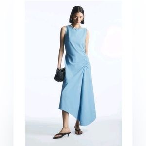 Brand New COS  Blue Asymmetrical Gathered MIDI Dress Size Small